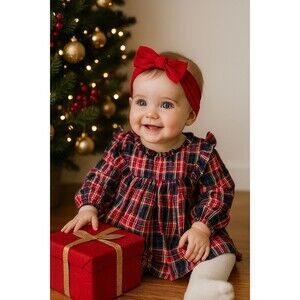 Old Navy Baby Plaid Ruffle Long Sleeve Dress 6-12M Red Blue Holiday Christmas